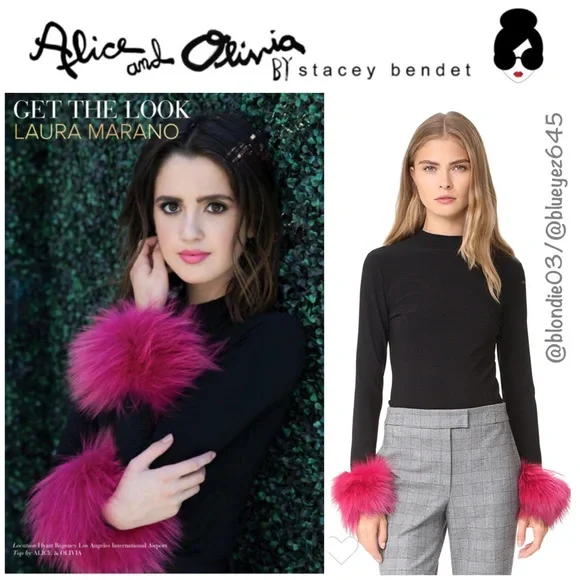 Alice + Olivia Haylen fur cuff mock neck blouse S - Picture 1 of 6